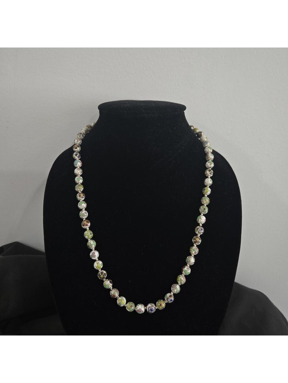 Vintage Cloisonne Bead Necklace Green Floral Enamel Clasp Hand Knotted [COPY]